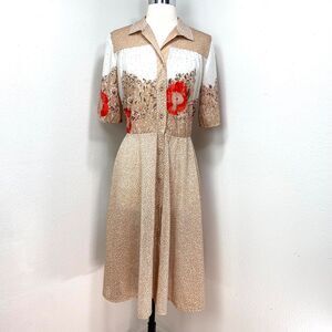 Vtg 70s Shirt Dress Large Single Knit Semi Sheer Polyester Button Front Western